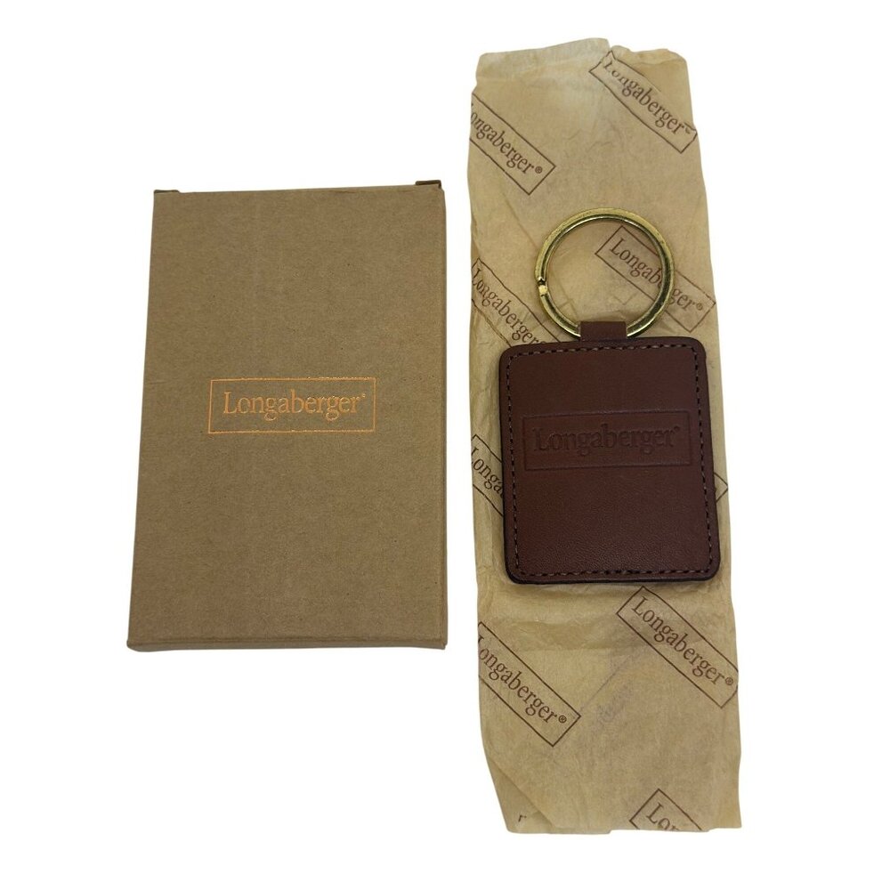 Longaberger‎ Brown Leather Keychain – Gold-Tone Ring, 3", Original Box